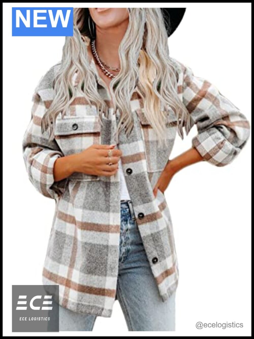 Wool Blend Plaid Button Down Shacket Jacket Loose Fit